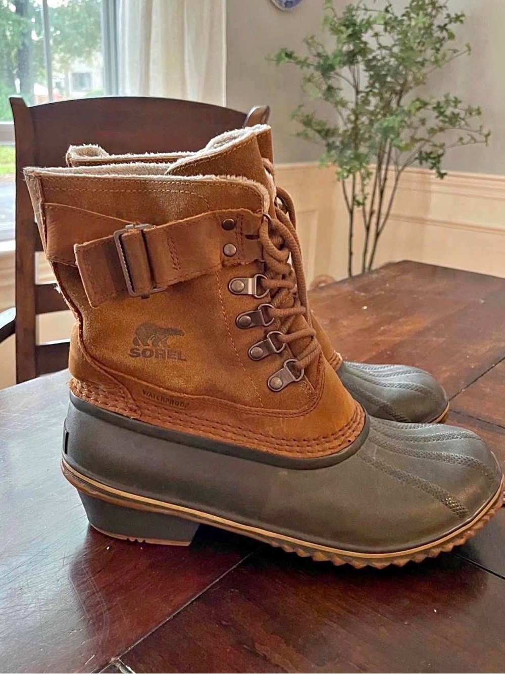 Sorel Women's Brown Leather and Olive Green Rubber Waterproof Lace Boots
